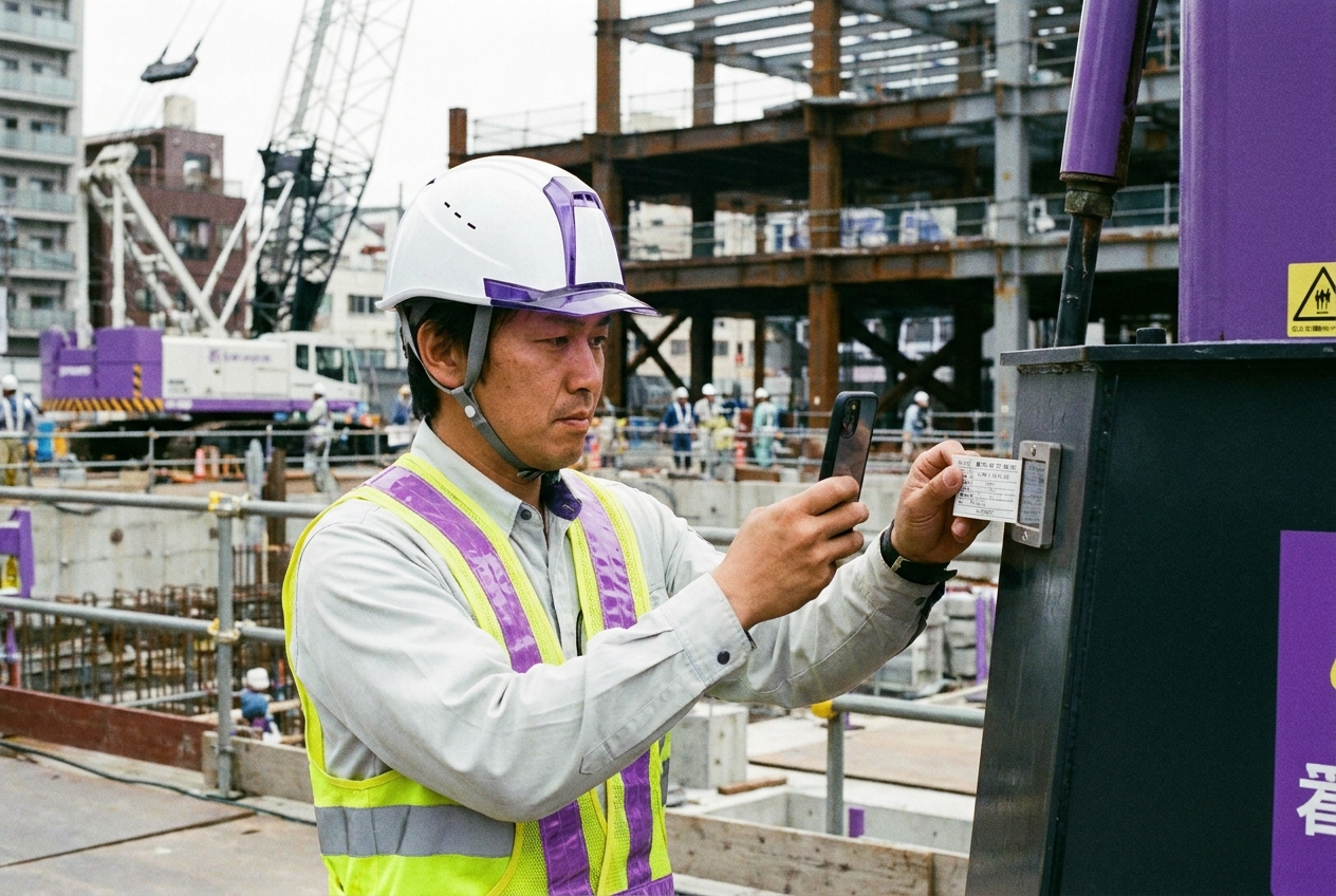 建設現場で作業員がヘルメット着用で機材タグをスキャンし点検記録を入力している様子