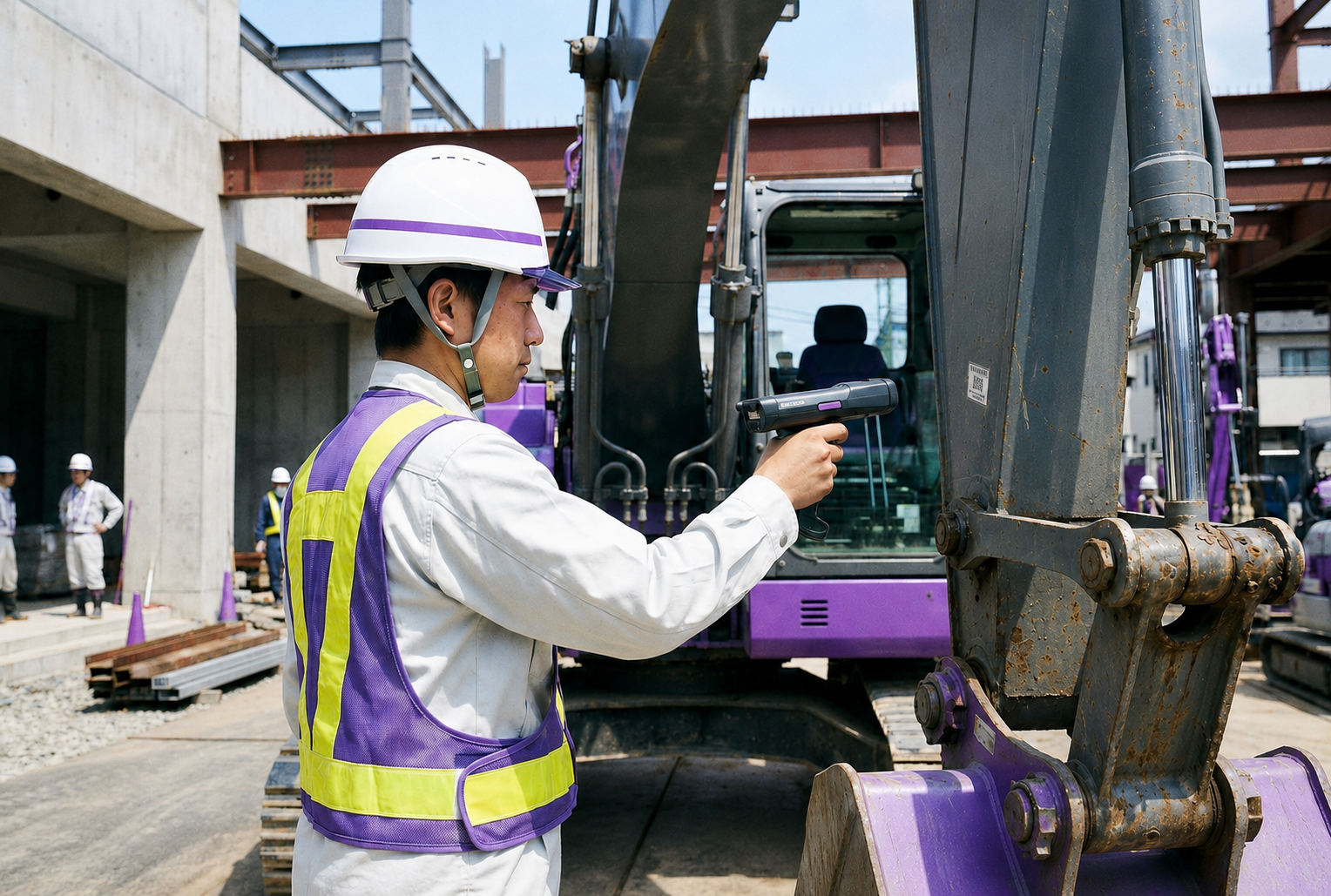 建設現場で作業員がヘルメット着用で機材のQRコードをスマホでスキャンしている様子