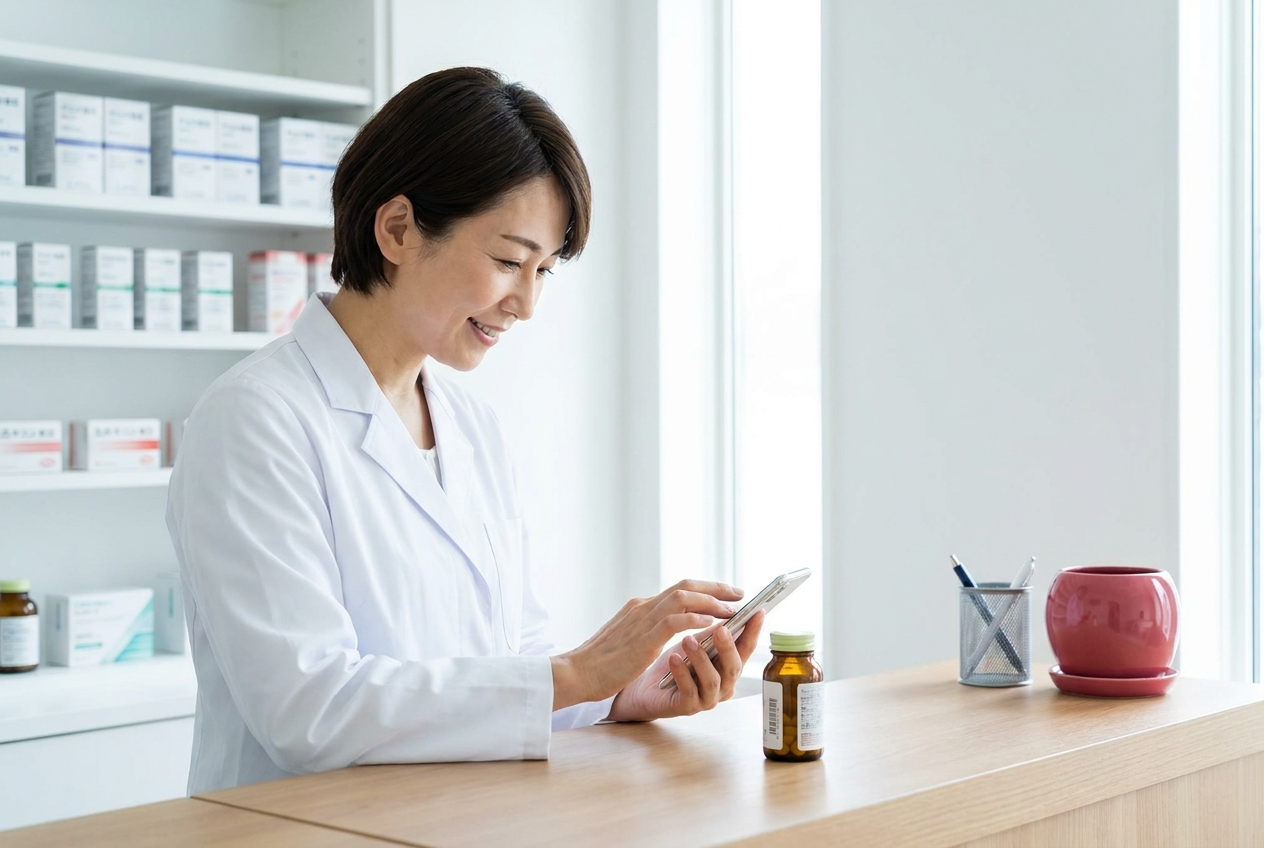 薬剤師が処方箋データと医薬品ラベルを照合している様子