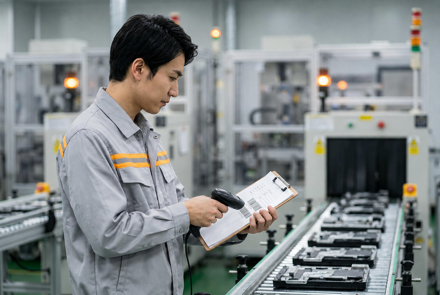 製造ラインで作業者がバーコードをスキャンし実績データを入力している様子