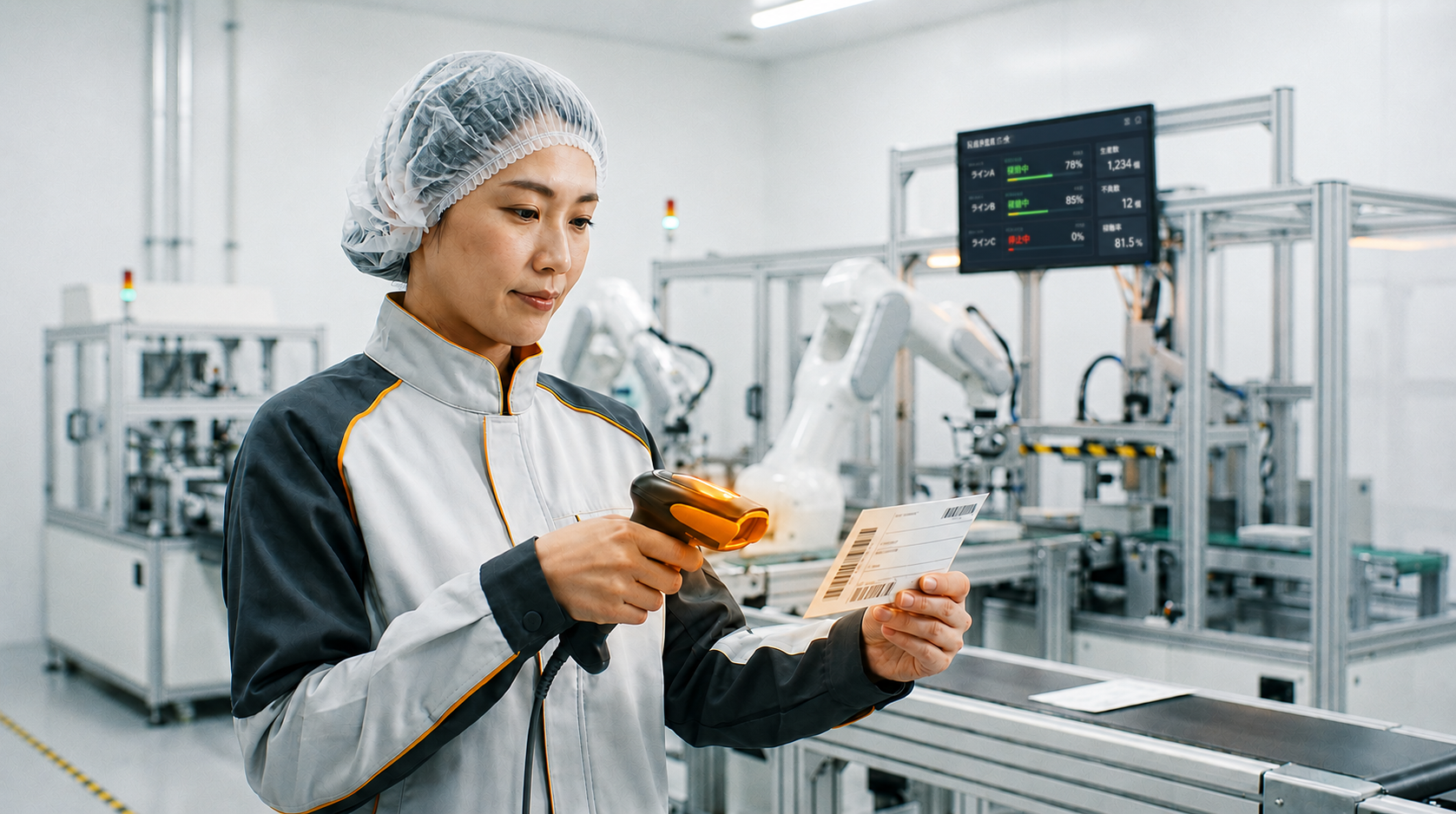 工場の製造ラインで作業者がロット番号をスキャンしている様子