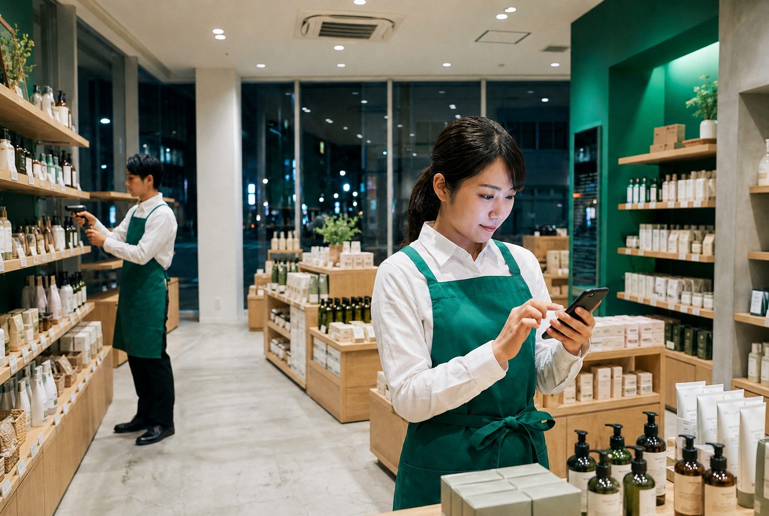 営業時間外の店舗でスタッフが棚卸し作業をしている様子