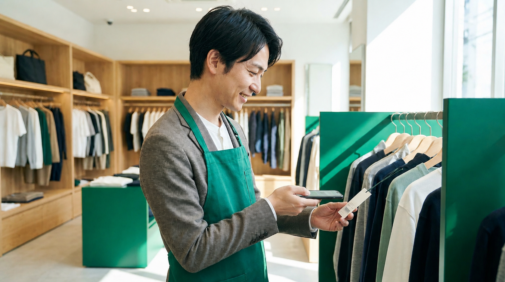 店舗のスタッフが商品のバーコードをスマホで読み取り棚卸ししている様子